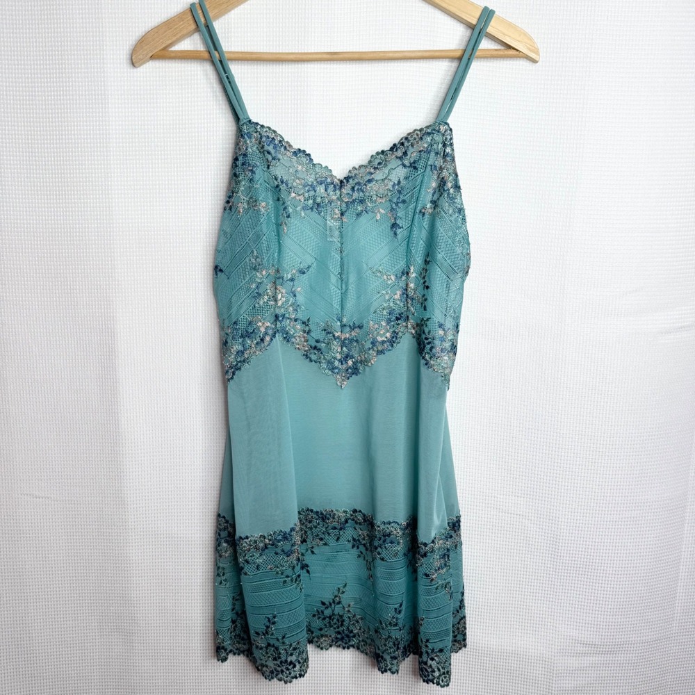 Wacoal Turquoise Mesh Lace Floral Embroidered Chemise Slip Lingerie Large